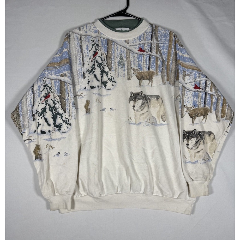 Vintage Artisans Sunschein Designs Winter Forest Wolf Deer AOP Sweatshirt XL